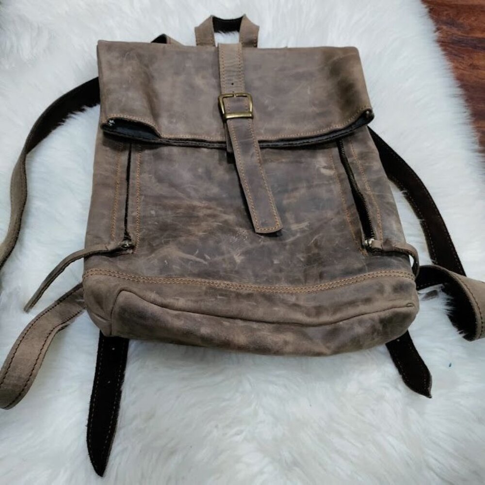 Vintage Brown Rugged Canvas Leather Roll Top Closure Adjustable Straps Backpack - Picture 4 of 10